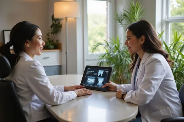 Dental patient consultation discussing treatment plan and insurance options
