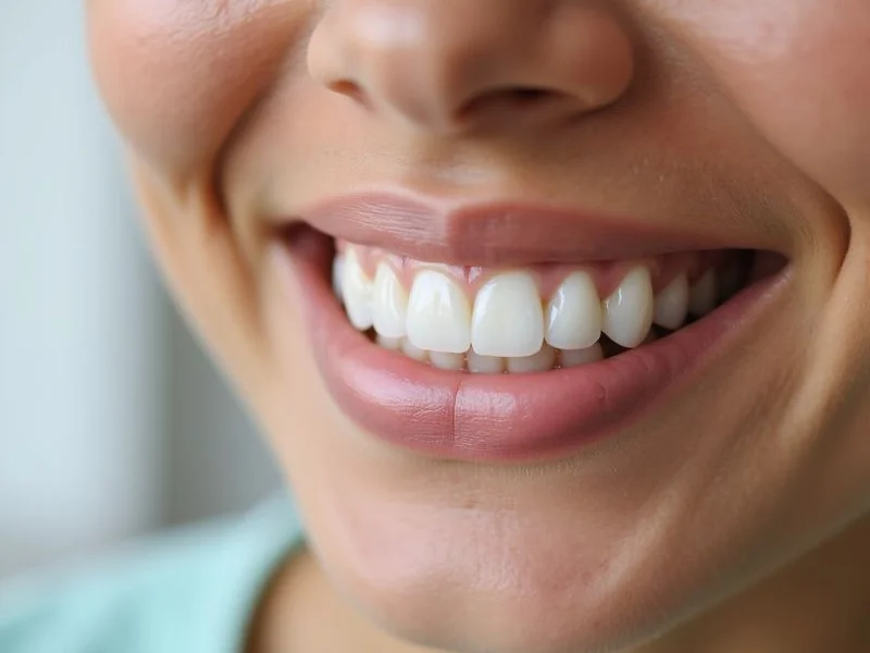 Porcelain veneers cosmetic dentistry result with natural looking bright white smile