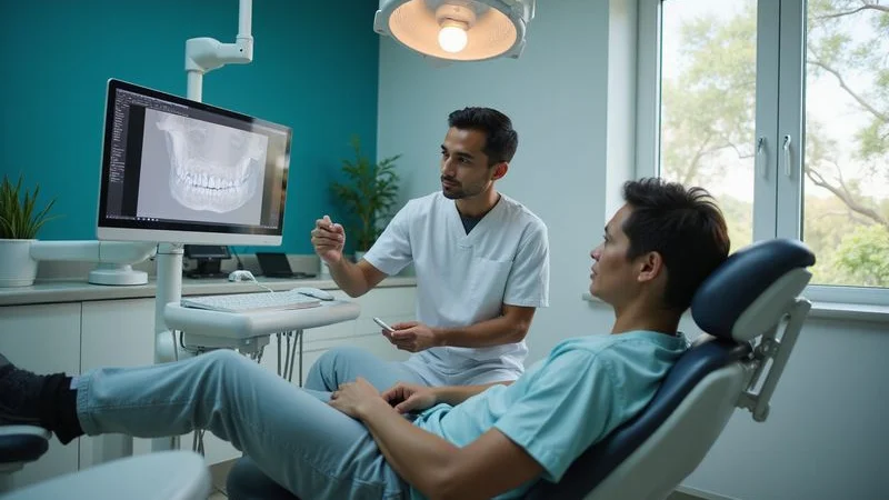Patient sitting in dental chair while dentist reviews 3D cone beam CT scan on large monitor for implant planning